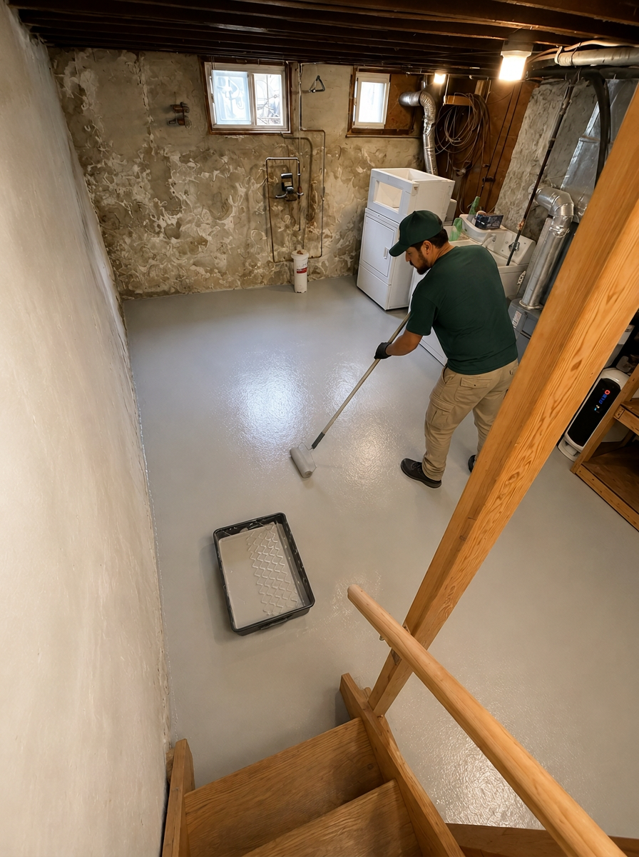 EcoBright Solutions technician rolling fresh floor coating across a Philadelphia basement